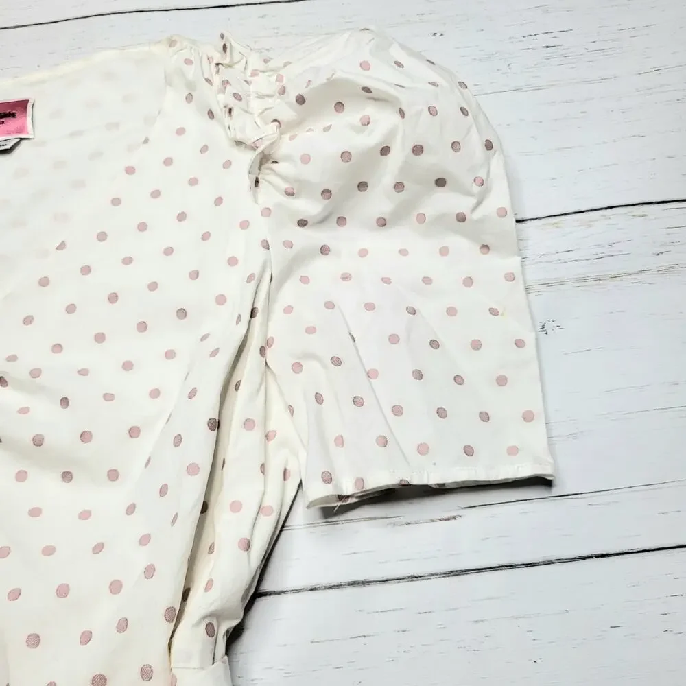 Kate Spade Puff Sleeve Polka Dot Mini Dress V Neck White Pink Tie Cotton Large